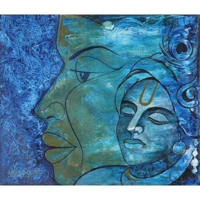 Dhyan,'Blue Acrylic Portrait Painting from India'
