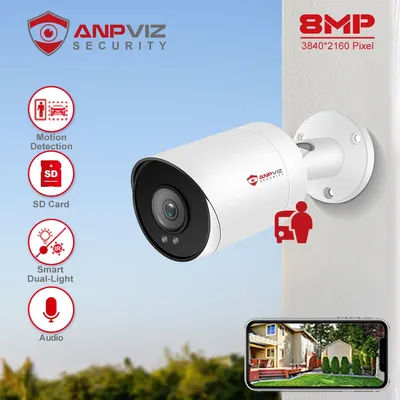 Anpviz 8MP POE IP Bullet Camera Outdoor 24/7 ColorVU 30m CCTV Video Surveillance IP67 SD Card H.265 Audio Motion Detection 2.0
