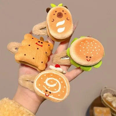1/4PCS Plush Food - Themed Hair Clips Set, 4- Piece Bread, Burger & Pastry Designs, Cute Hairpins for Kids' Hairstyles