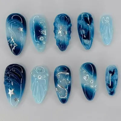 24 pièces mi-longue amande presse sur faux ongles 3D ondulation coeur perle étoile faux ongles bleu tache détachable couverture complète ongles conseils