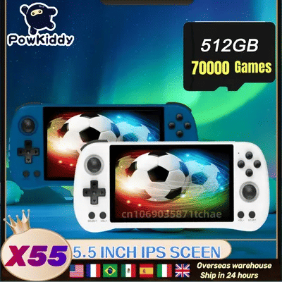 POWKIDDY X55 Portable Handheld Game Console 5.5INCH IPS Screen RK3566 Retro Video Game HD Linux System PSP 512G 90000 Game