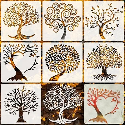 7Pcs Tree Stencils Tree Stencil for Painting Reusable Plastic Template, on Wood Airbrush Natural Plants Small Palm Tree Drawing