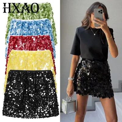 HXAO Mini jupes à paillettes pour femmes automne 2025 noir vert rouge jaune bleu jupe Sexy paillettes ligne jupe de danse jupes de noël