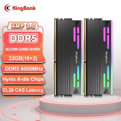 KingBank 32GB DDR5 16GBx2 6000MHz Black RGB Memory Kit Hynix a Die CL26 Overclocking RAM Module for High Performance Systems
