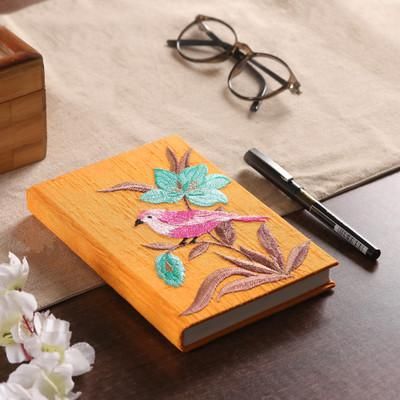 'Nature-Themed Marigold Embroidered Handmade Paper Journal'