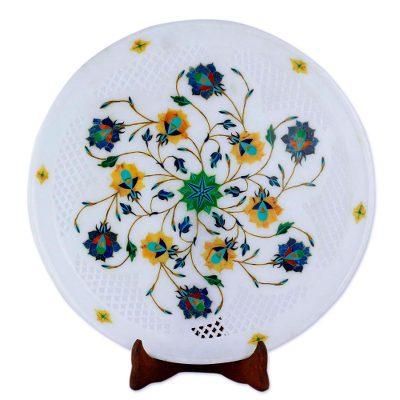 Natural Harmony,'Jali Pattern Floral Marble Inlay Decorative Plate from India'