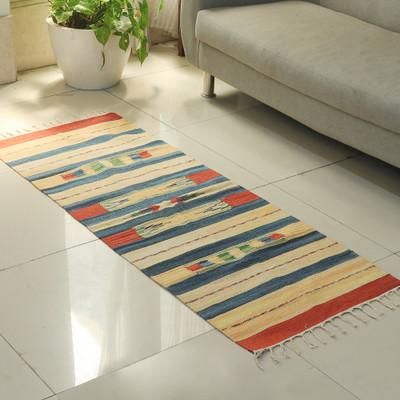 Morning Wonders,'Handloomed Striped 2x5 100% Cotton Dhurrie Rug with Fringed'