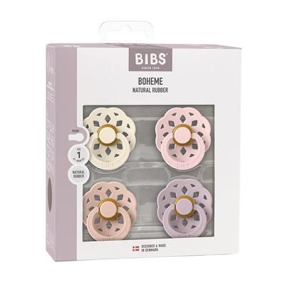 BIBS Boheme Pacifier, 4 Pack - Ivory/Blush/Blossom/Dusky Lilac - Size 1 (0-6 m)