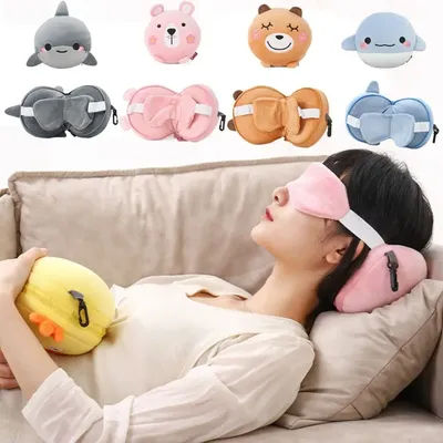 Oreiller de cou de voyage Portable 2 en 1, doux avec masque pour les yeux, couverture pour les yeux de voyage, oreiller de couchage de sieste moelleux de dessin animé