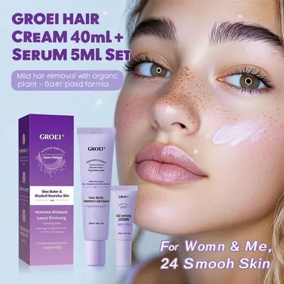 GROEI Face Hair Removal Cream & Calming Serum Set 40ml+5ml - Gentle Formula for Women & Men, 98% Plant-Based, No Irritation