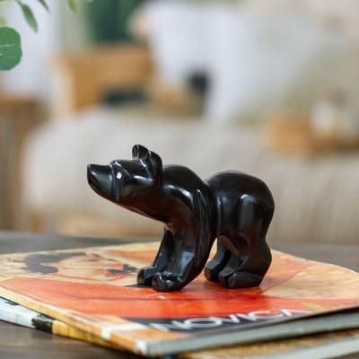 'Bear-Themed Modern Carved Small Marble Sculpture in Black'