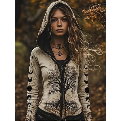 Per donna Felpe con cappuccio Cerniera Grafico Attivo Vintage Etnico Manica Lunga Con Cappuccio Top Regolari Casuale Casa Sportivo Viola Marrone Grigio chiaro Grigio scuro Autunno Inverno