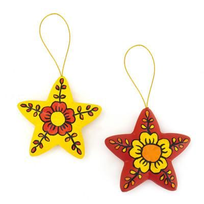 '2 Hand-Painted Ceramic Star Floral Christmas Ornaments'