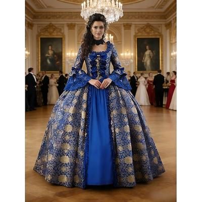 Rococò Vittoriano Rinascimento Lunghezza al pavimento Vestito Costume da festa Mascherata Taglie Forti Normale A palloncino Manica del polsino svasato Principessa Pizzo Tela Vintage Abito da ballo