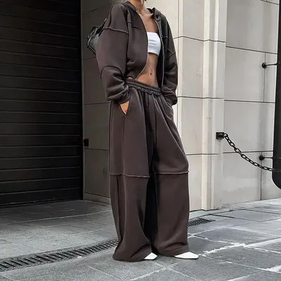 Vintage Y2K High Street Tracksuit Women Loose Long Sleeved Hooded Jackets with Elastic Waist Straight Sweatpants 2pcs Sweatsuits