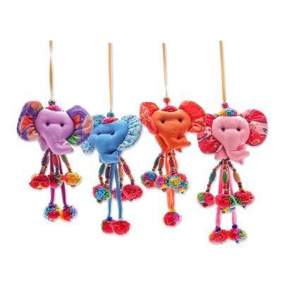 Happy Parade,'Handcrafted Cotton Blend Elephant Ornaments (Set of 4)'