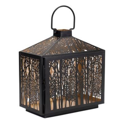 Forest Cut Metal Lantern with Gold Accent 12"H by Melrose in Black/gold