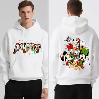 Disney Mickey Friends Printed Mens Christmas Hoodie Fleece Pullover Holiday Travel Outfit Cozy Winter Wear Casual Street Fashion