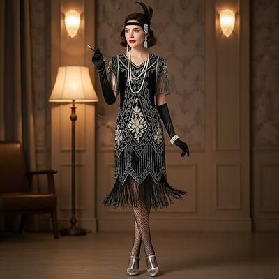 Set Anni Ruggenti Anni 1920 Lunghezza al ginocchio Abito Flapper Abito da cocktail Costume di fantasia con accessori Maniche corte Il grande Gatsby Ragazza Flapper Paillettes Frangia con nappe Scollo
