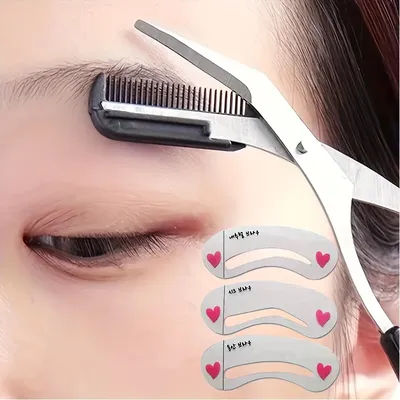 Ladies and Men's Eyebrow Trimming Scissors Comb Set - Includes 3 Soft Film Eyebrow Cards