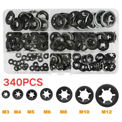 340PCS M3-M12 Internal Tooth Washers - 65Mn Steel Black Oxide, Anti-Rust Speed Clips for Furniture/Car/Repairs & DIY