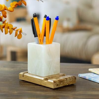 All in Place,'Marble Wood Pencil Holder with Slots for Phone and Cards'