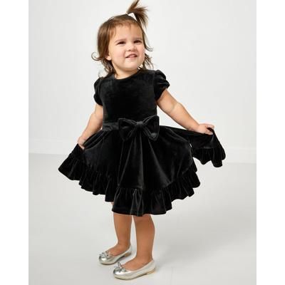 Black Velvet Tiered Bow Trim Dress - 7