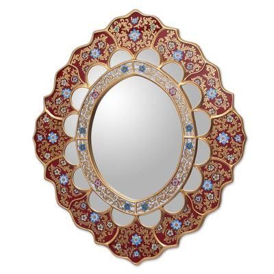 Mirror, 'Golden Rays' - Unique Reverse Painted Glass Mirror from Peru