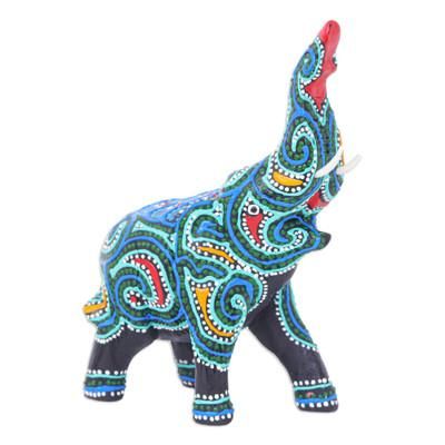 'Thai Elephant Figurine Hand-Painted in Black Blue and Aqua'