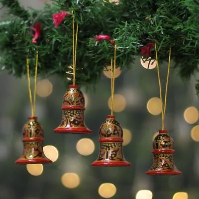 'Artisan-Made 4-Piece Red and Golden Wood Bell Ornament Set'