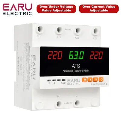 63A 100A 220V ATS Adjustable Over Under Voltage Current Protector Dual Power Conversion Automatic Transfer Switch Monitor Relay