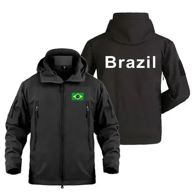 New Brazil Print Sharkskin Soft Shell Hooded Jacket Windproof Camping Hiking Hunting Jacket Stretch Fleece Sportswear