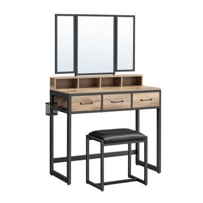 Toeletta con sgabello imbottito specchio 3 cassetti marrone nero