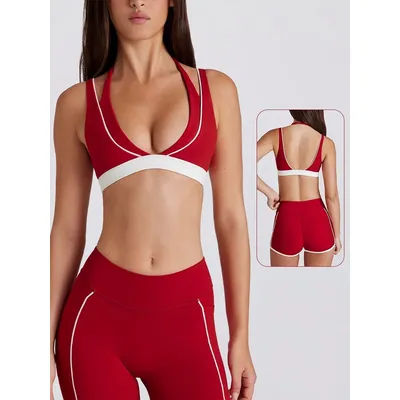 Women's Yoga Suit Fake Two-piece Color-blocking V-neck Halter Bra Running Fitness Pocket Shorts Leggings Sports 2-piece Set