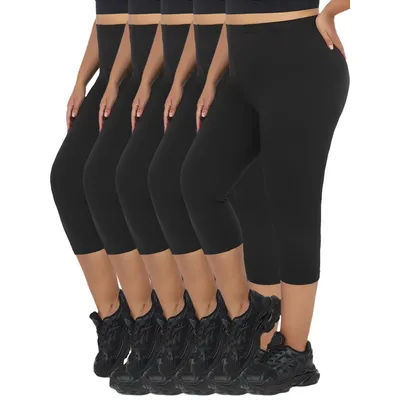 Plus Size 5 Pack Super Soft capri pants For Women, No See Through Workout Running Yoga Athletic Leggings Running