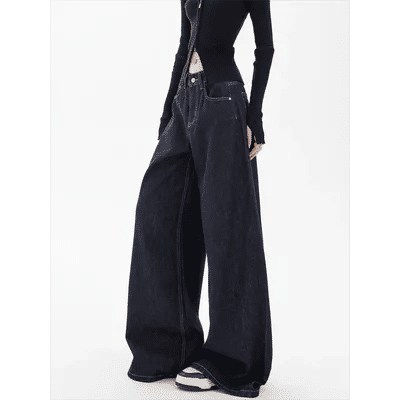 Pantalon en Denim pour femmes, couleur unie, Baggy, décontracté, Cool, taille haute, droit, ample, jambes larges, bleu profond