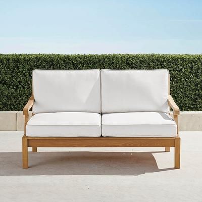 Cassara Loveseat with Cushions in Natural Teak - Quick Dry, Carmona Tile Cobalt - Frontgate