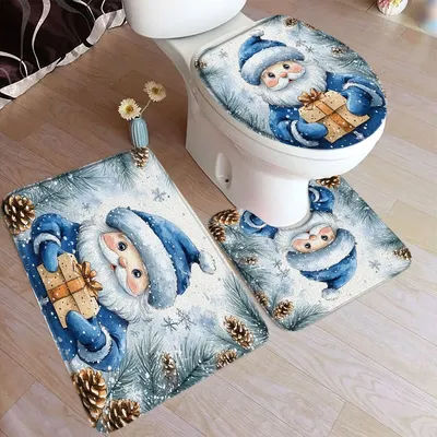 Ensemble de polymères de bain Père Noël bleu mignon, branches enrichies, art de l'aquarelle de flocon de neige, décoration d'intérieur de Noël, tapis de sol, couverture de toilette
