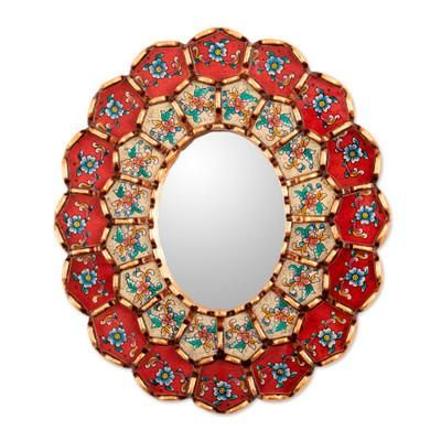 'Red Floral Bronze-Gilded Reverse-Painted Glass Wall Mirror'