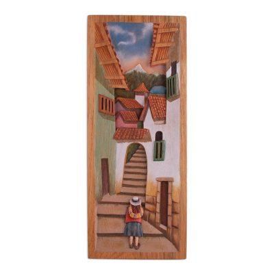 Street of Steps,'Cedar Wood Relief Panel of Cuzco from Peru'