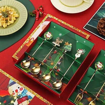 Set di 4 cucchiai e forchette natalizi in acciaio inox, albero di Natale, tè, caffè, dessert, gelato, stoviglie, posate creative, regalo per casa, festa, vacanza