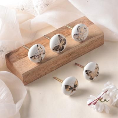 'Golden Butterfly-Themed 5-Piece Ceramic Knob Set in White'