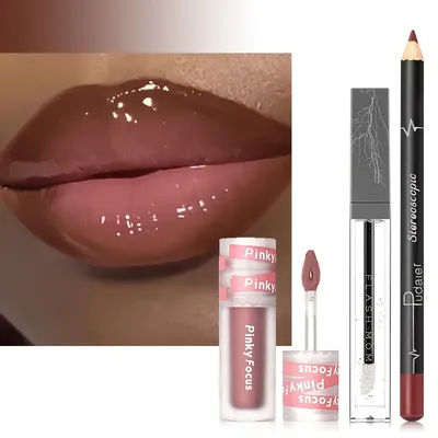 3PCS Shimmer Moisturizing Lip Gloss - Lip Liner and Lip Mud and Oil, Non-Sticky,Glitter, Nourishing Glossy Moisturizing Lipstick