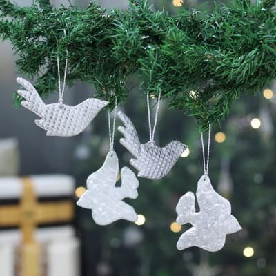 '4 Bird Fish-Themed Embossed Faux Leather Christmas Ornaments'
