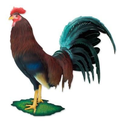 Steel wall art, 'Proud Rooster' - Hand Painted Steel Bird Wall Art
