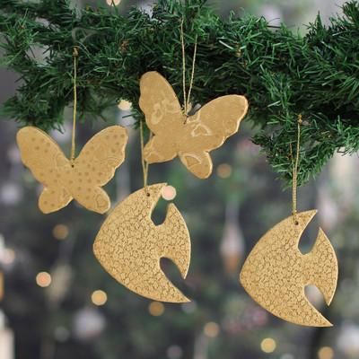 Wings and Fins,'4 Embossed Faux Leather Butterfly Fish Christmas Ornaments'