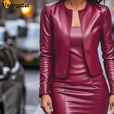 Fashion Slim Fit Leather Jacket Dress Women Classic Moto Biker PU Leather Jacket Coat Sleeveless Dress Women Set