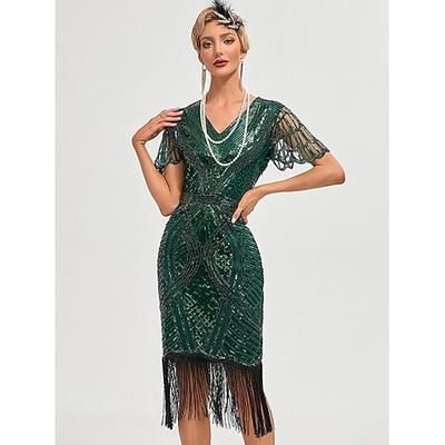 Anni Ruggenti Anni 1920 Lunghezza al ginocchio Abito Flapper Maniche corte Il grande Gatsby Ragazza Flapper Paillettes Frange Scollo a V Costume Per donna Natale Carnevale Festa serale speakeasy