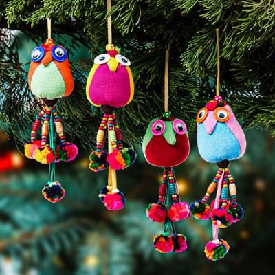 Chic Owls,'Bird-Themed Colorful 4-Piece 100% Cotton Owl Ornament Set'