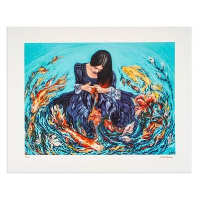 Aquatic Weaver,'Signed Stretched Surrealist Giclee Print of a Woman and Fish'